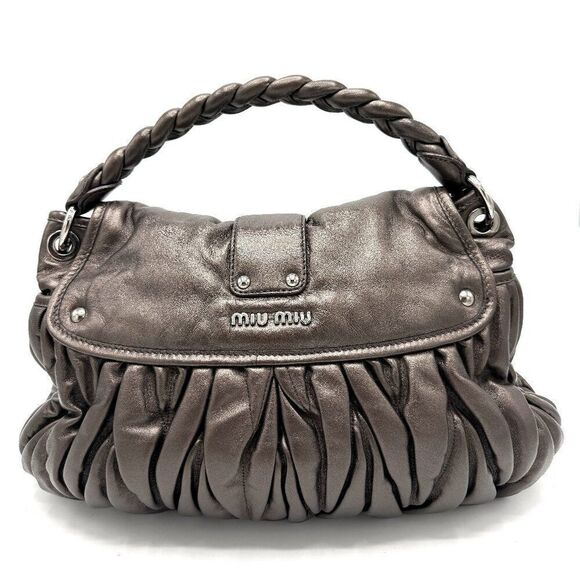 Miu Miu Metallic Silver Braided Handle Flap Hobo - Picture 2 of 7